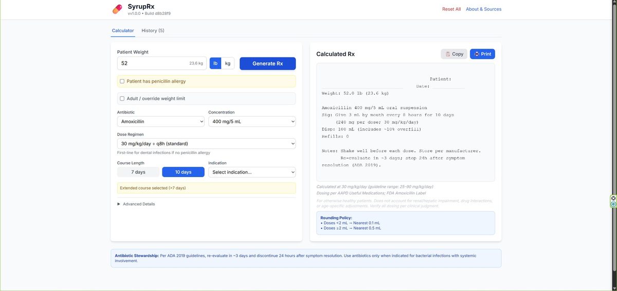 SyrupRx — pediatric antibiotic dosing calculator